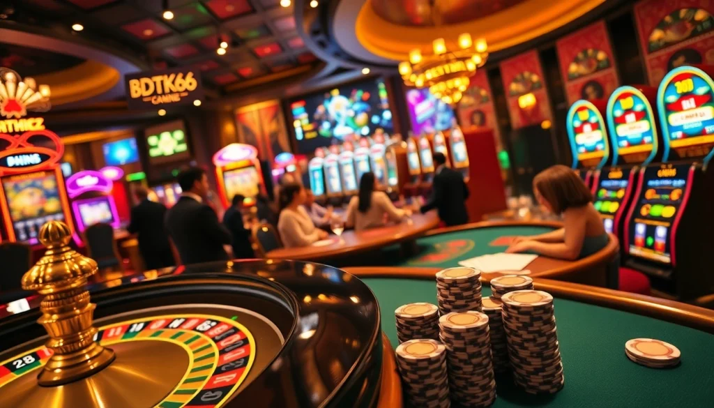 Experience the excitement of BDTK66 as players engage at a roulette table, showcasing vibrant casino lights and action.