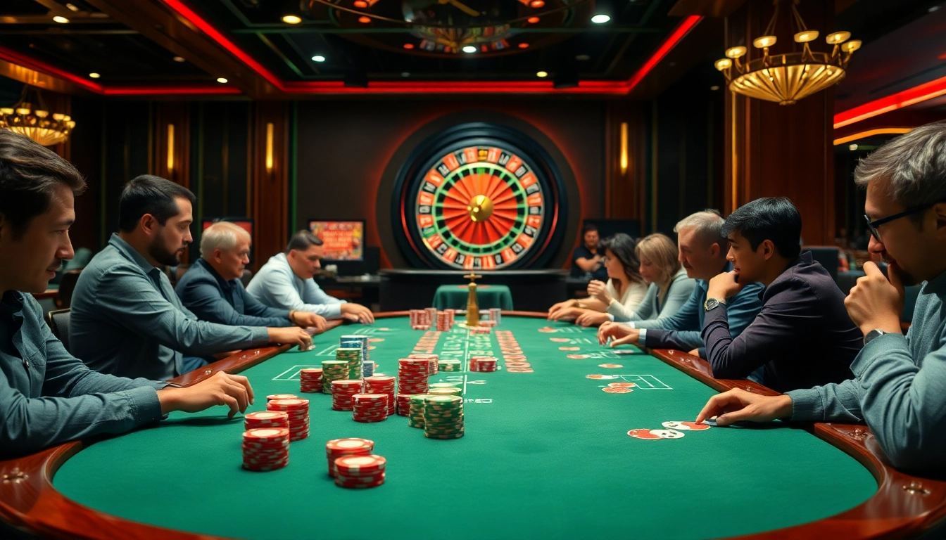 KJC poker game in a luxurious casino with vibrant chips and cards on a mahogany table.
