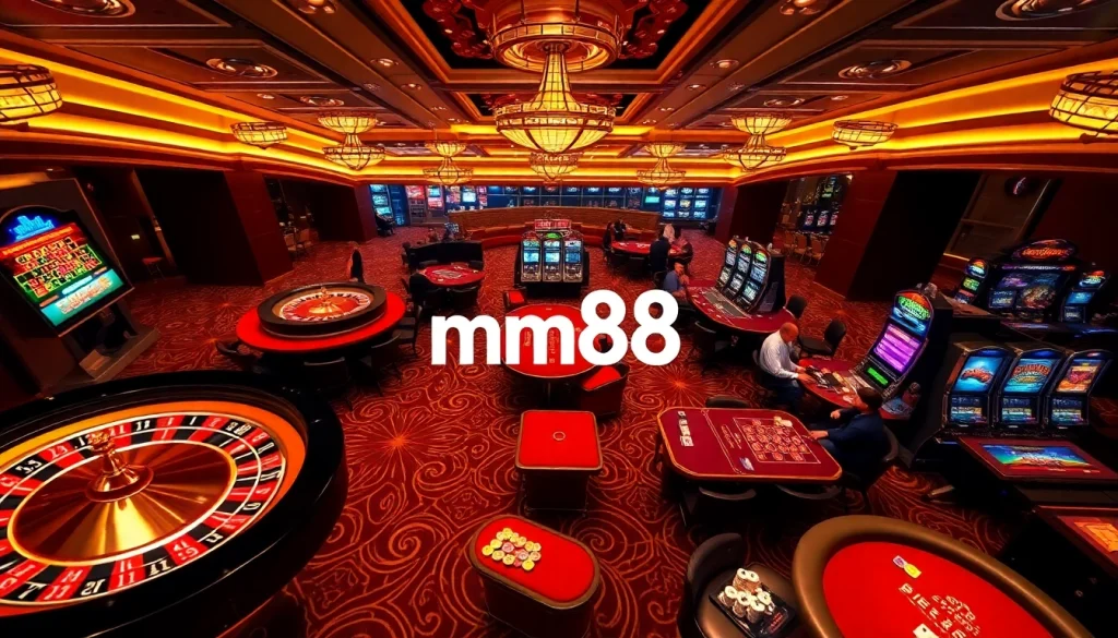 Experience the thrill of gambling at mm88 with vivid slot machines and engaged players at poker tables.