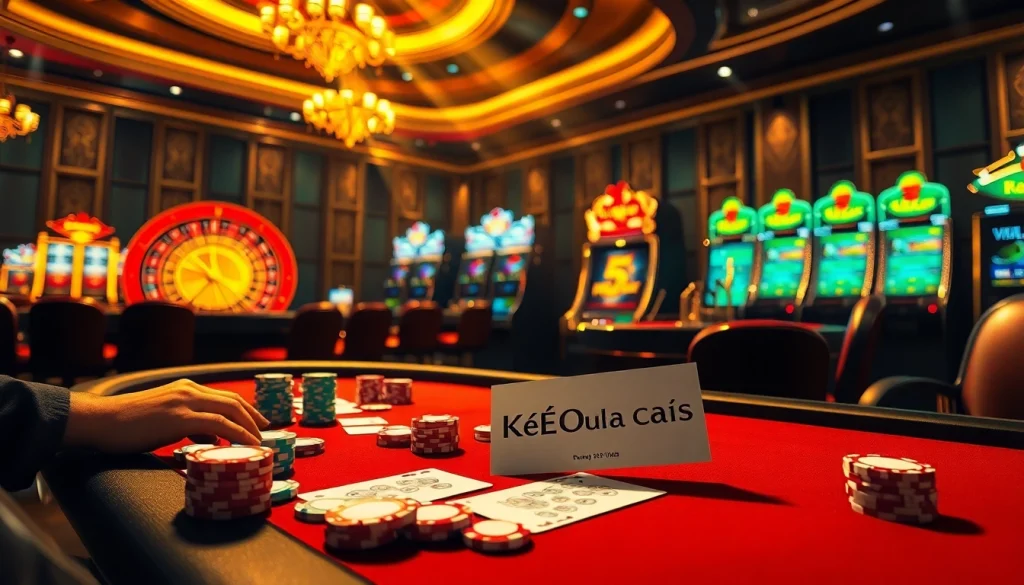 "Kèo Nhà Cái 5 betting slip rests on a high-stakes poker table surrounded by lively casino ambiance."