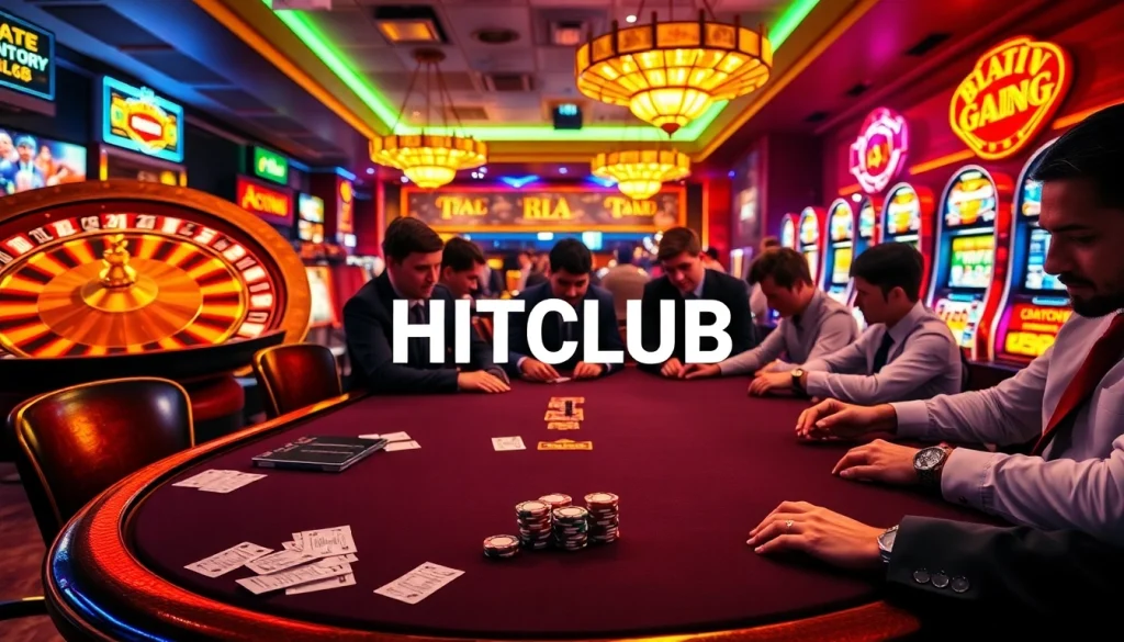 HITCLUB’s exciting poker scene highlights players competing for chip stacks at a vibrant casino table.