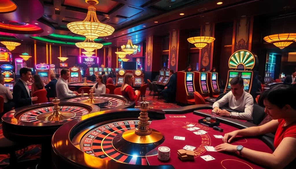 Nohu90 casino environment with enthusiastic gamblers at roulette and poker tables, showcasing vibrant excitement.