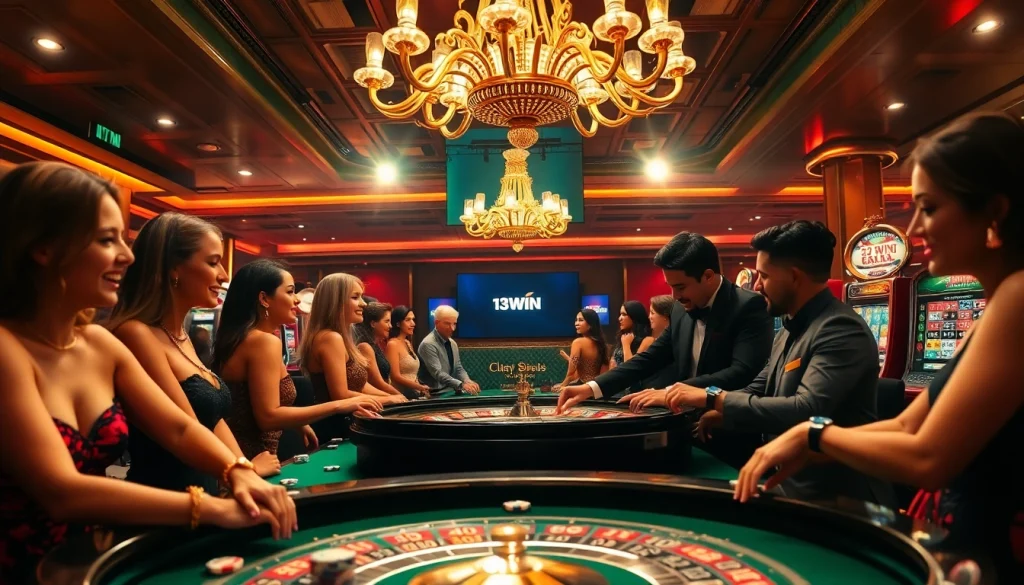 13WIN brings excitement as players cheer at a glamorous casino table filled with chips and cards.