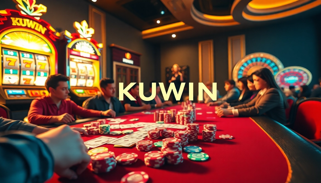 Enjoy thrilling poker gameplay at KUWIN Casino, showcasing vibrant chips and exciting casino ambience.