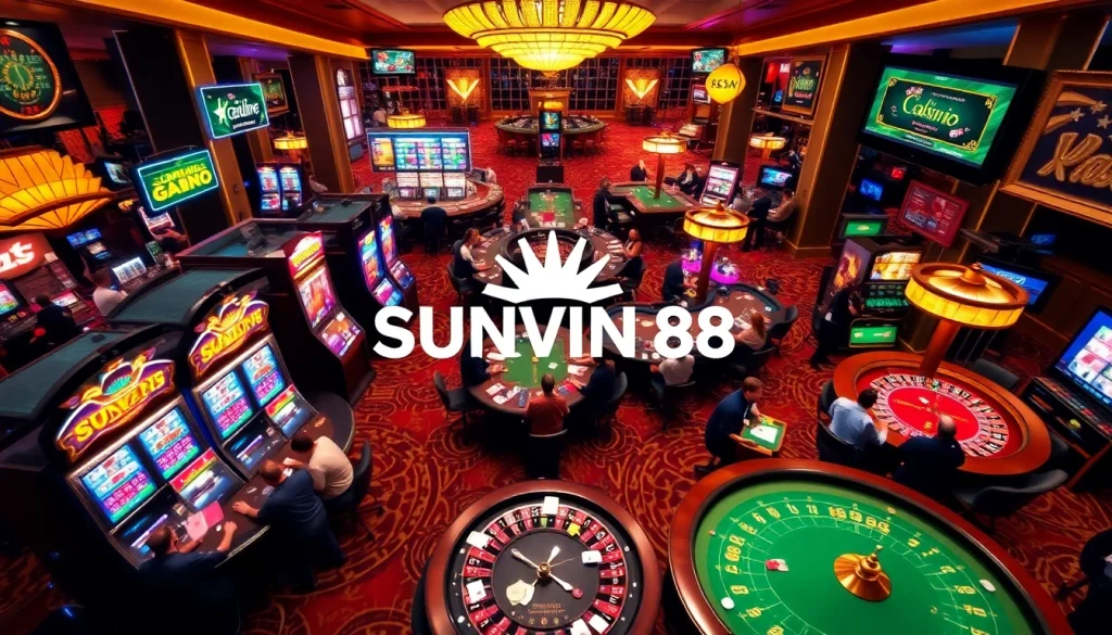 SUNWIN 88 casino patrons enjoy thrilling slot machines and high-stakes poker tables at a luxurious gambling venue.