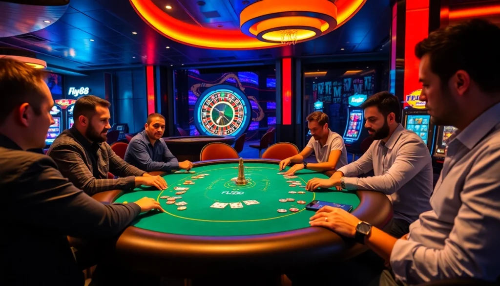 Experience high-stakes excitement at the FLY88 poker table with vibrant chips and cards, showcasing thrilling casino action.