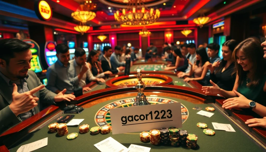 Players engage with thrilling roulette gameplay featuring gacor123 betting strategies, capturing the casino's electric atmosphere.